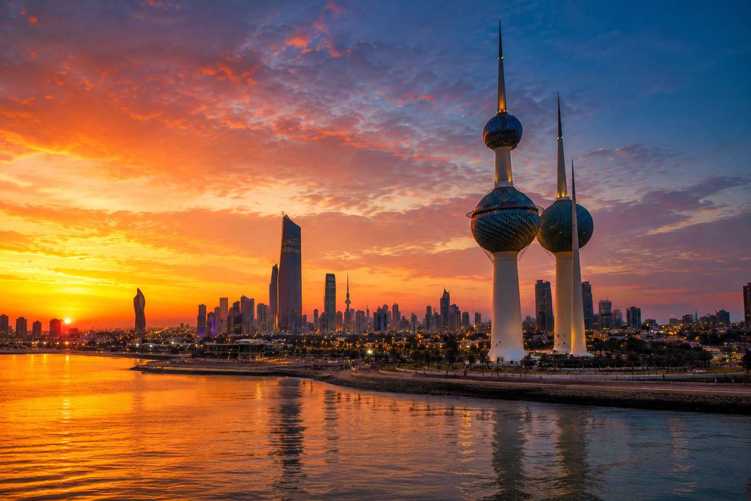 Kuwait Towers skyline at sunset