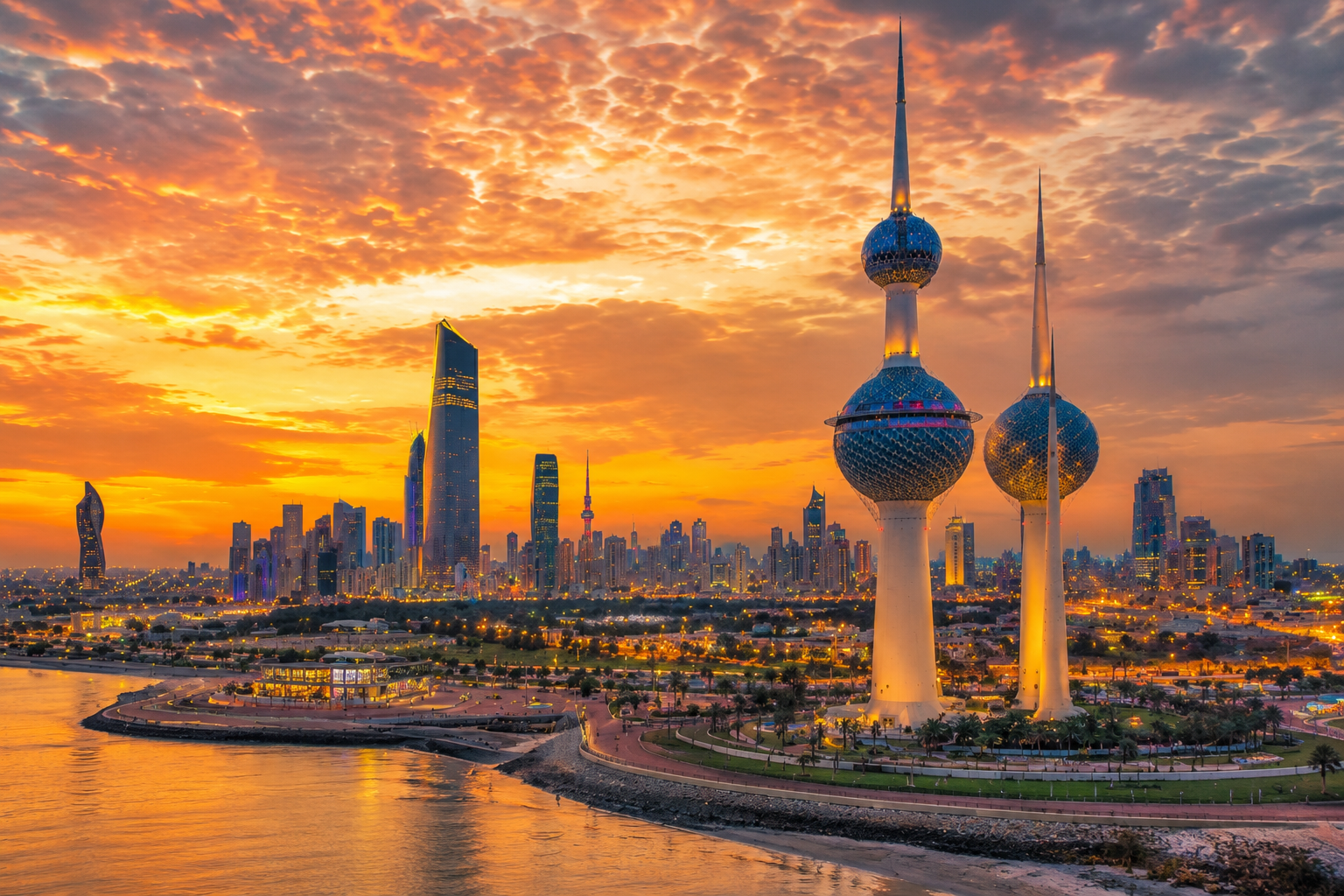 Kuwait Towers at golden sunset