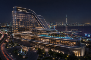 Futuristic Nobu Hotel at night