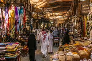 Vibrant market scene with rich textures